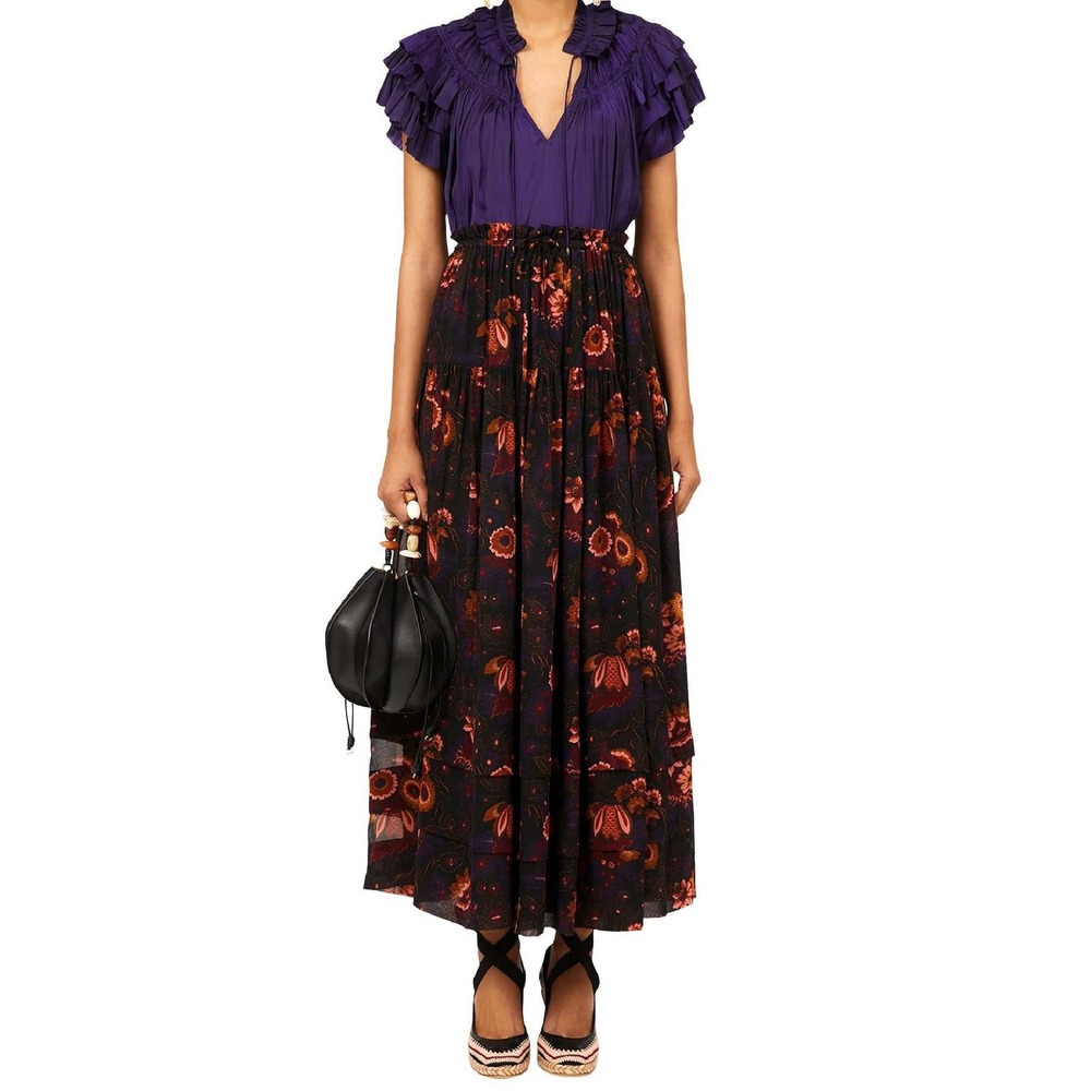 Ulla Johnson‎ Rita Silk Floral Valerian Skirt Size 4 Dark Botanical Boho Luxury